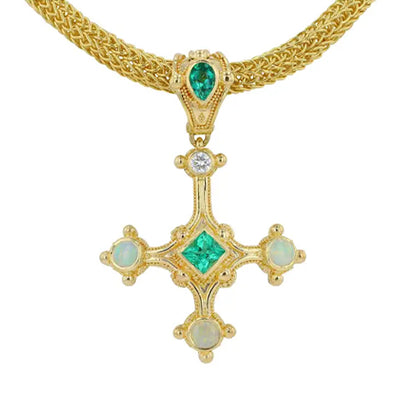 Kent Raible 18K Cross Pendant with Emerald, Opal, Diamond, Granulation