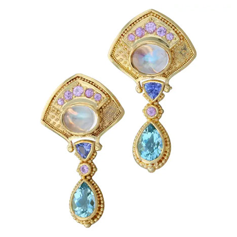 Kent Raible "Moon Flower" Multi Gemstone Drop Earrings w/ Fine Granulation