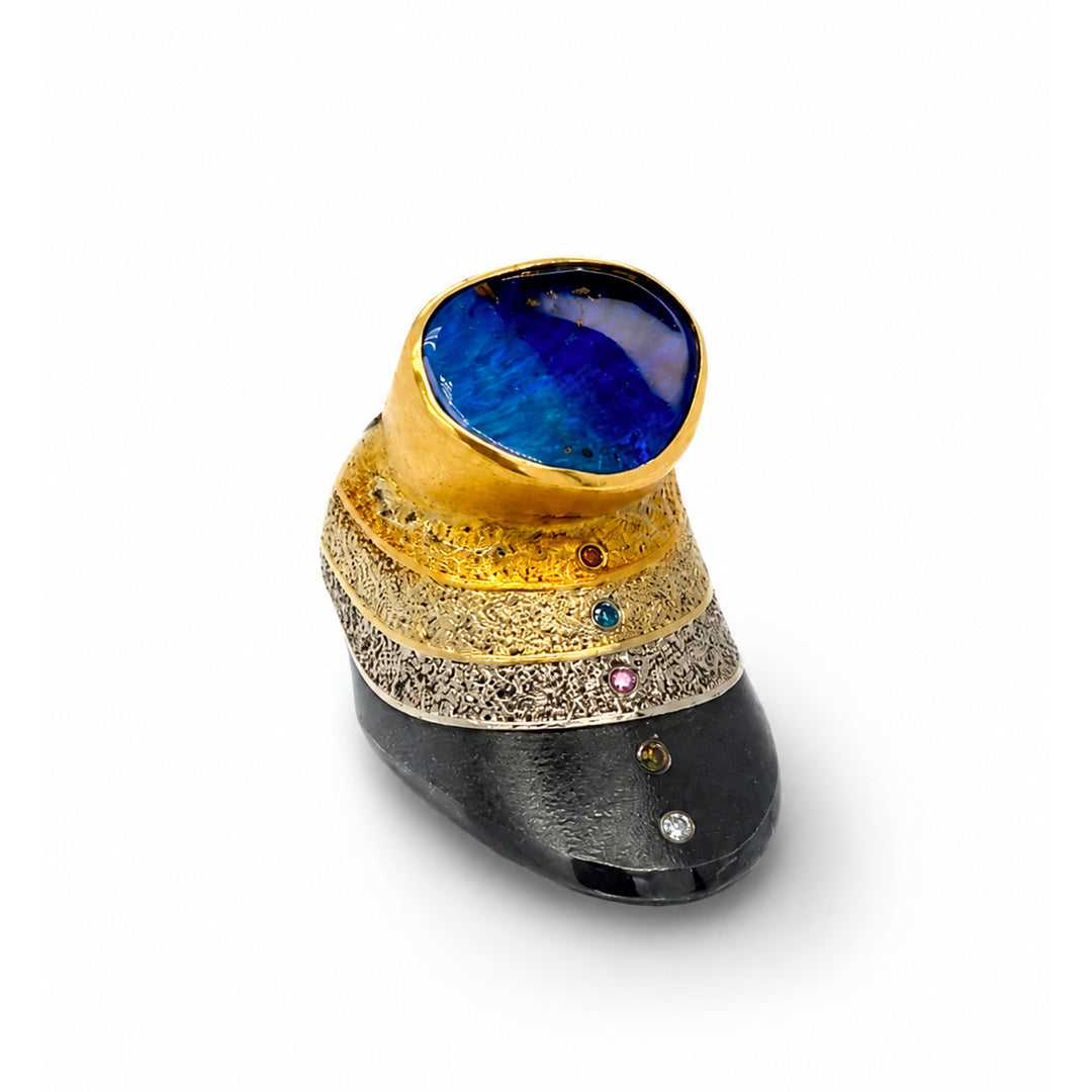 Boulder Opal Diamond Ring Mixed Gold Sterling Silver