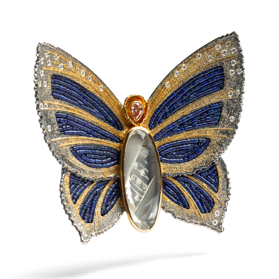 Butterfly Brooch Moonstone Lapis Lazuli Diamond Sterling Silver Gold