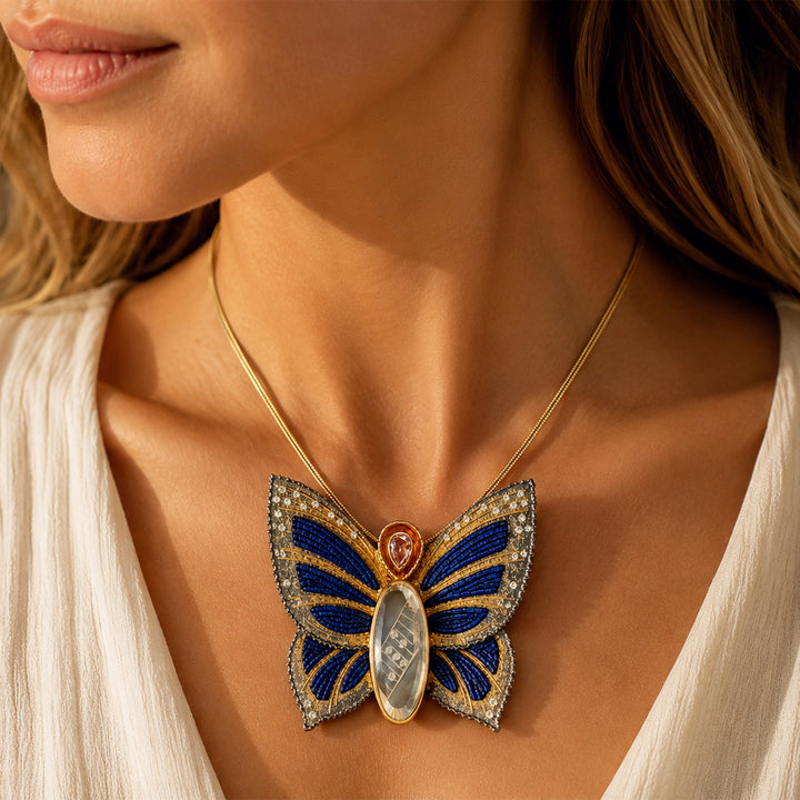 Butterfly Brooch Moonstone Lapis Lazuli Diamond Sterling Silver Gold