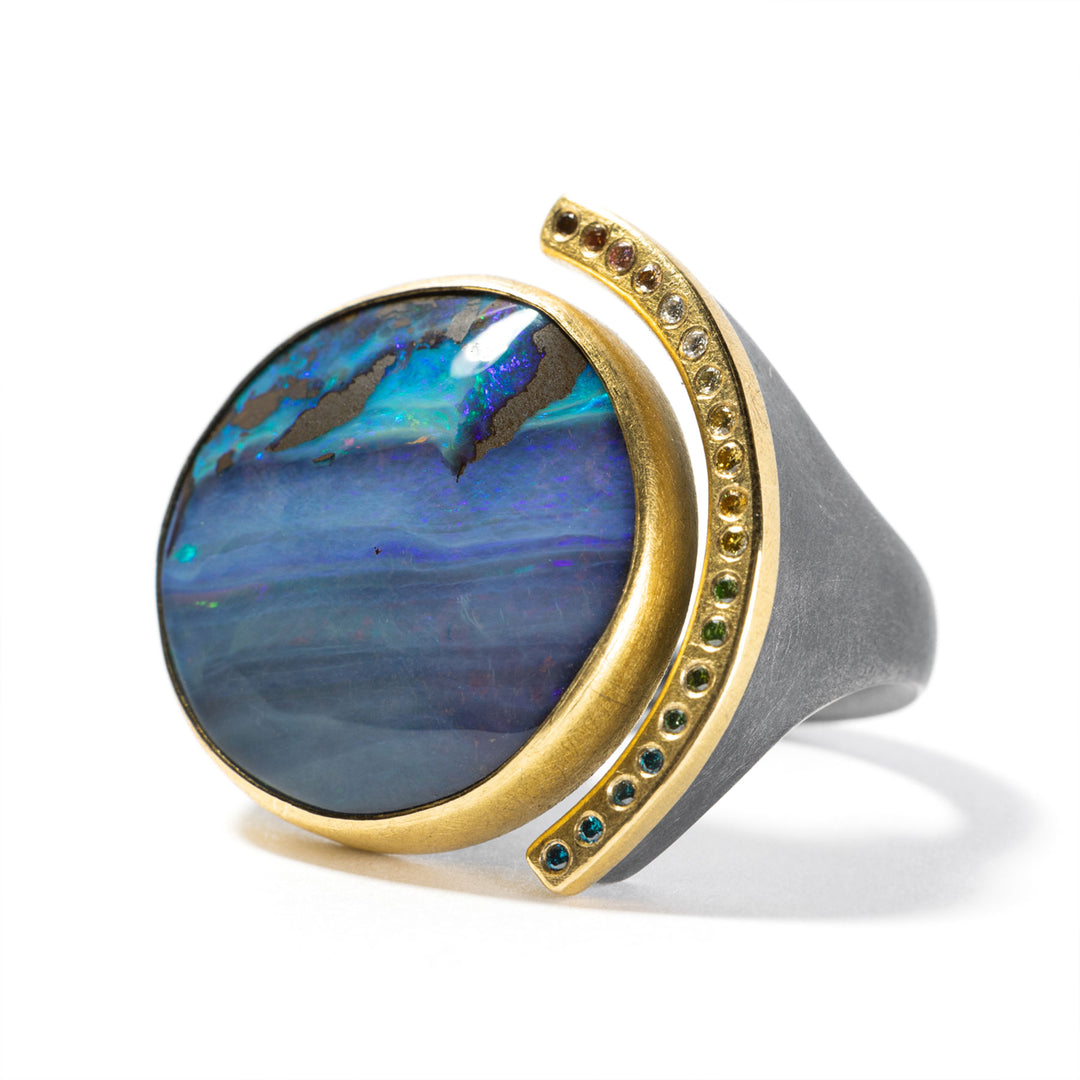 Boulder Opal Diamond Ring Sterling Silver 22K Gold
