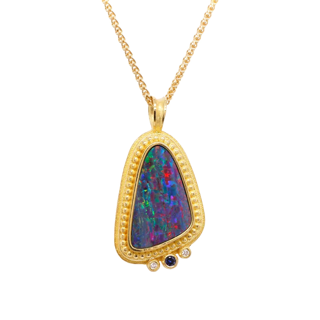 Australian Boulder Opal Sapphire Diamond Pendant Necklace