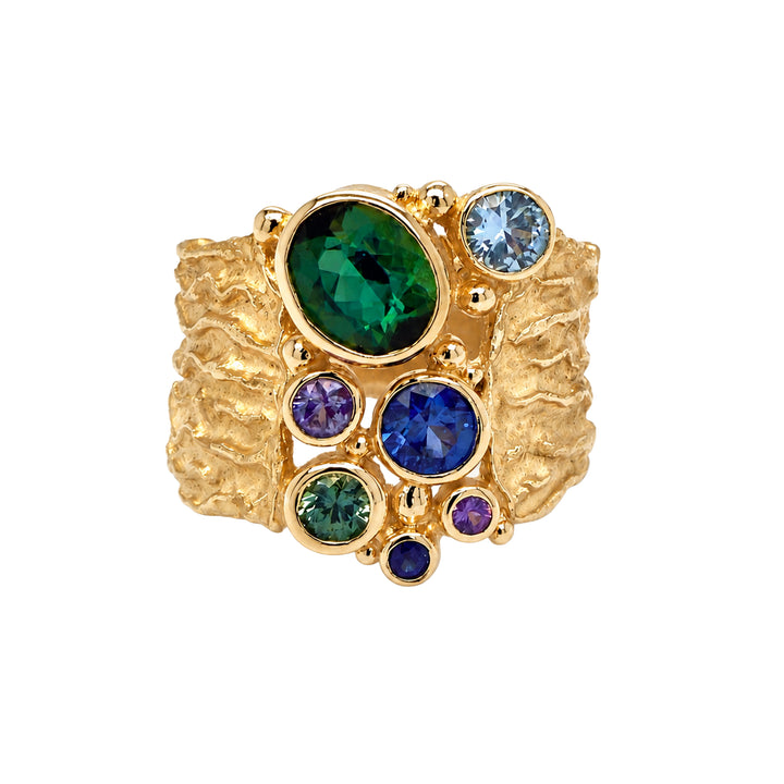 18K gold ring with sapphires and tourmalines