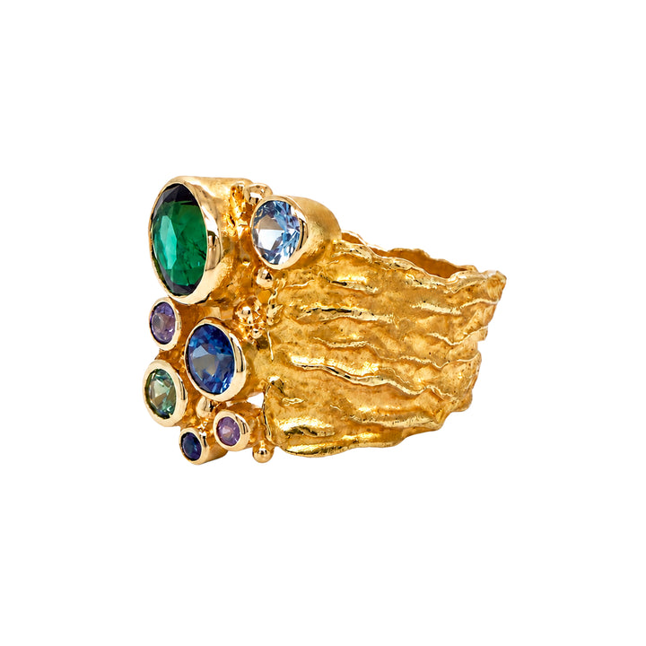 18K gold ring with sapphires and tourmalines