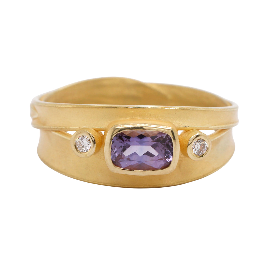 Purple Sapphire Diamond Blade of Grass Ring 18K Yellow Gold