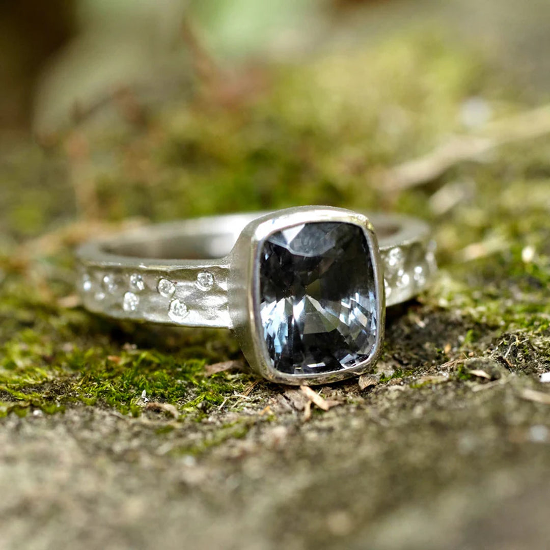 Platinum Carved Glacier Ring with Grey Spinel