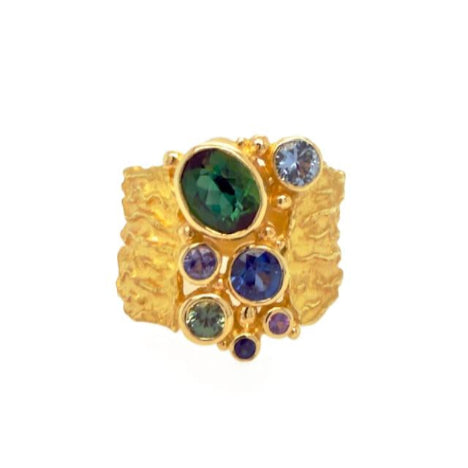 18K gold ring with sapphires and tourmalines