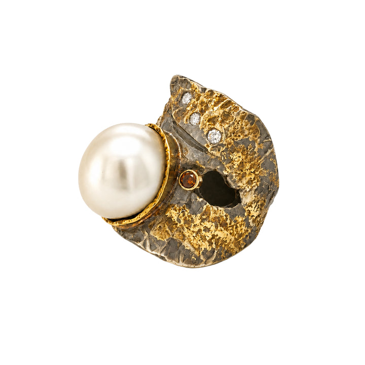 Baroque Pearl Diamond Ring Oxidized Sterling Silver 22K Gold