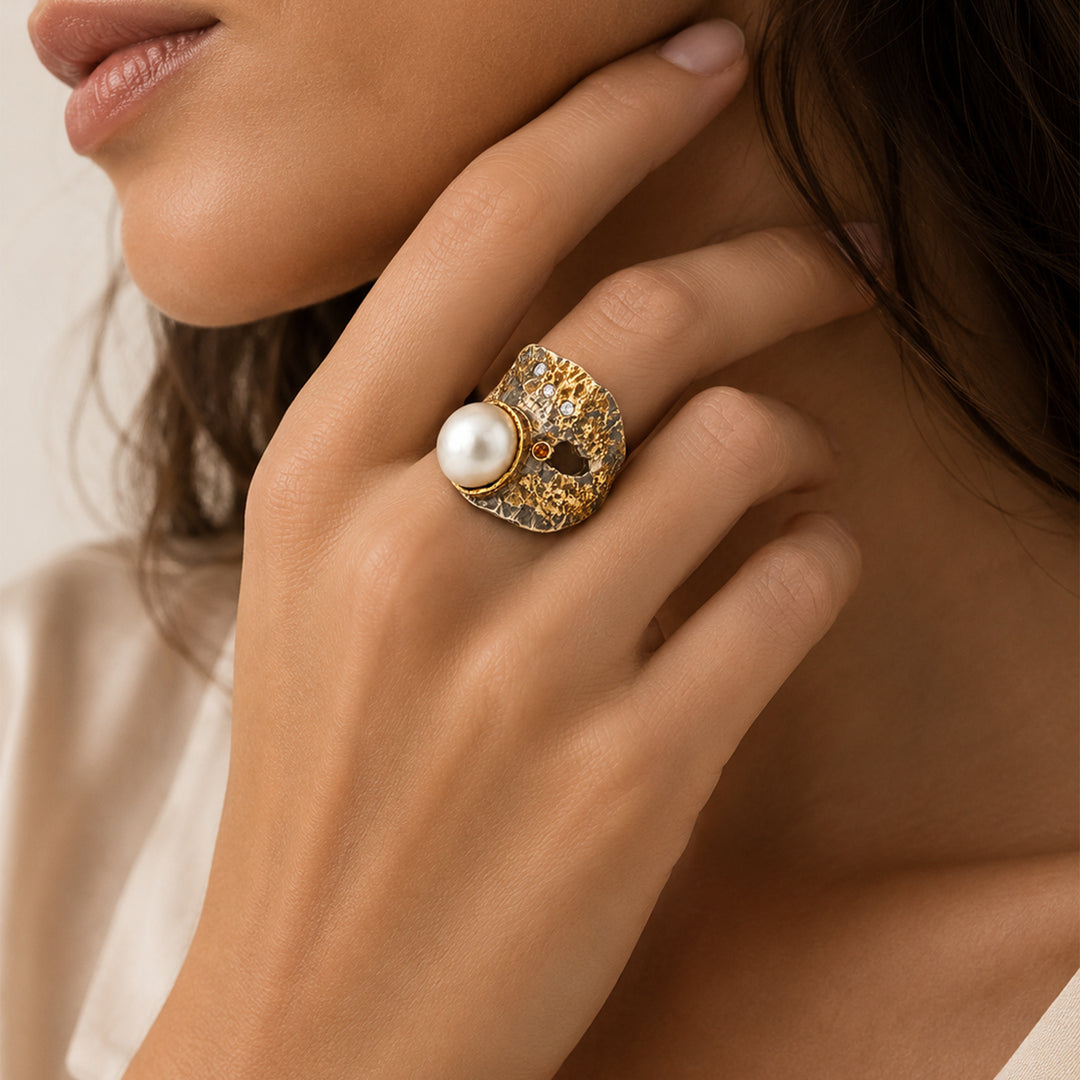 Baroque Pearl Diamond Ring Oxidized Sterling Silver 22K Gold