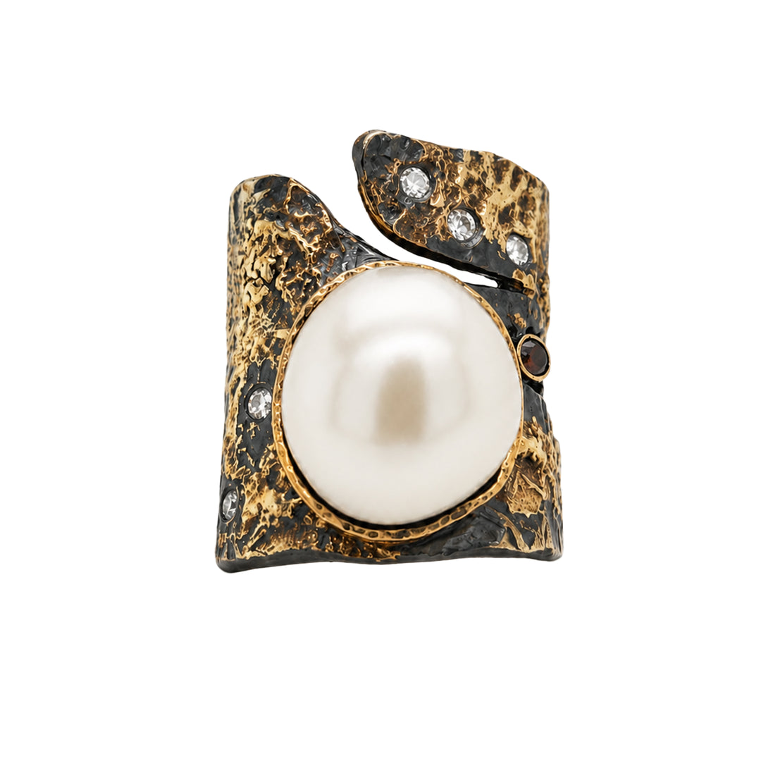 Baroque Pearl Diamond Ring Oxidized Sterling Silver 22K Gold