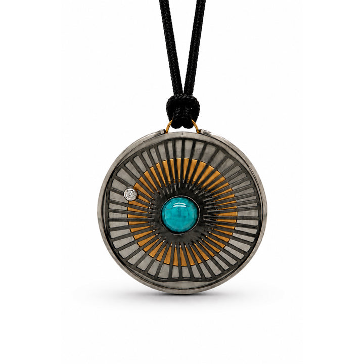 Blue Green Quartz Pendant Blackened Gold Plated Bright Stainless Steel