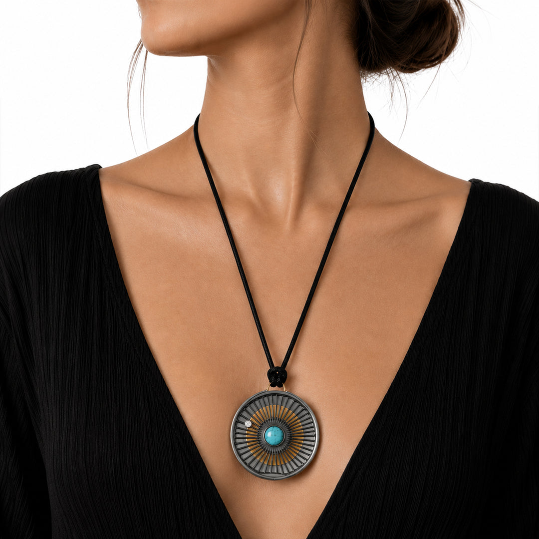 Blue Green Quartz Pendant Blackened Gold Plated Bright Stainless Steel