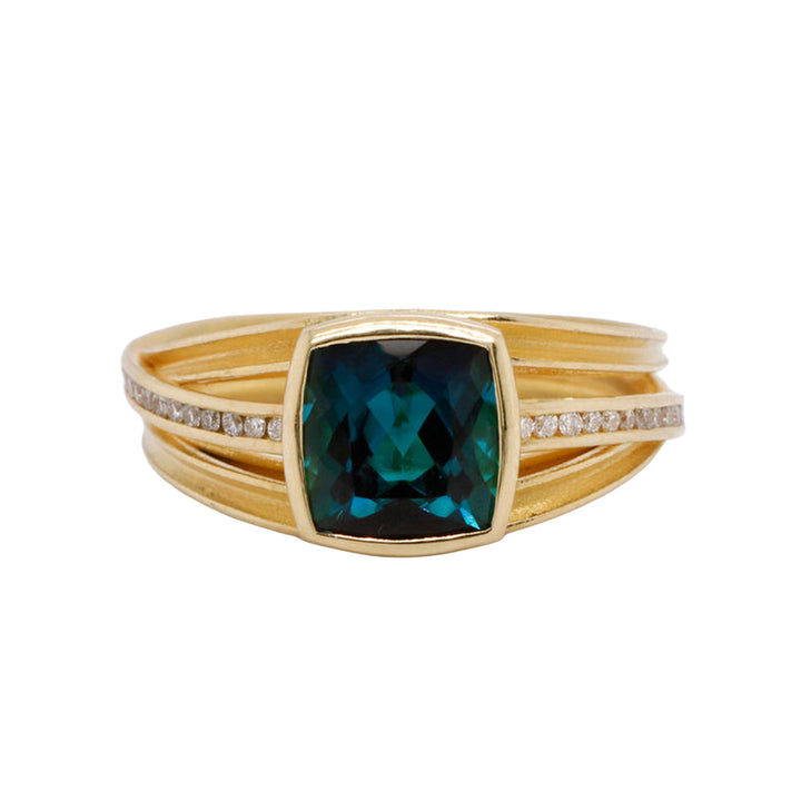 Indicolite Tourmaline Diamond Three Ribbon Ring