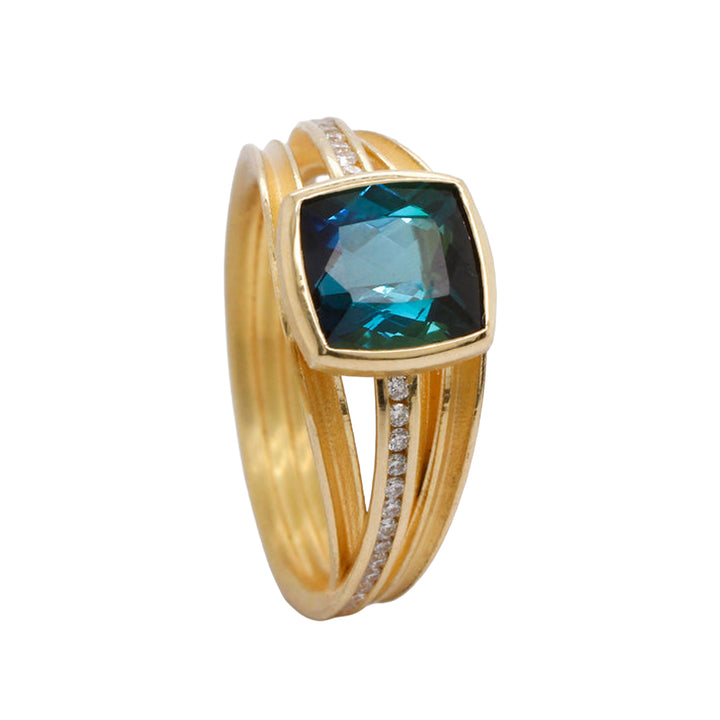 Indicolite Tourmaline Diamond Three Ribbon Ring