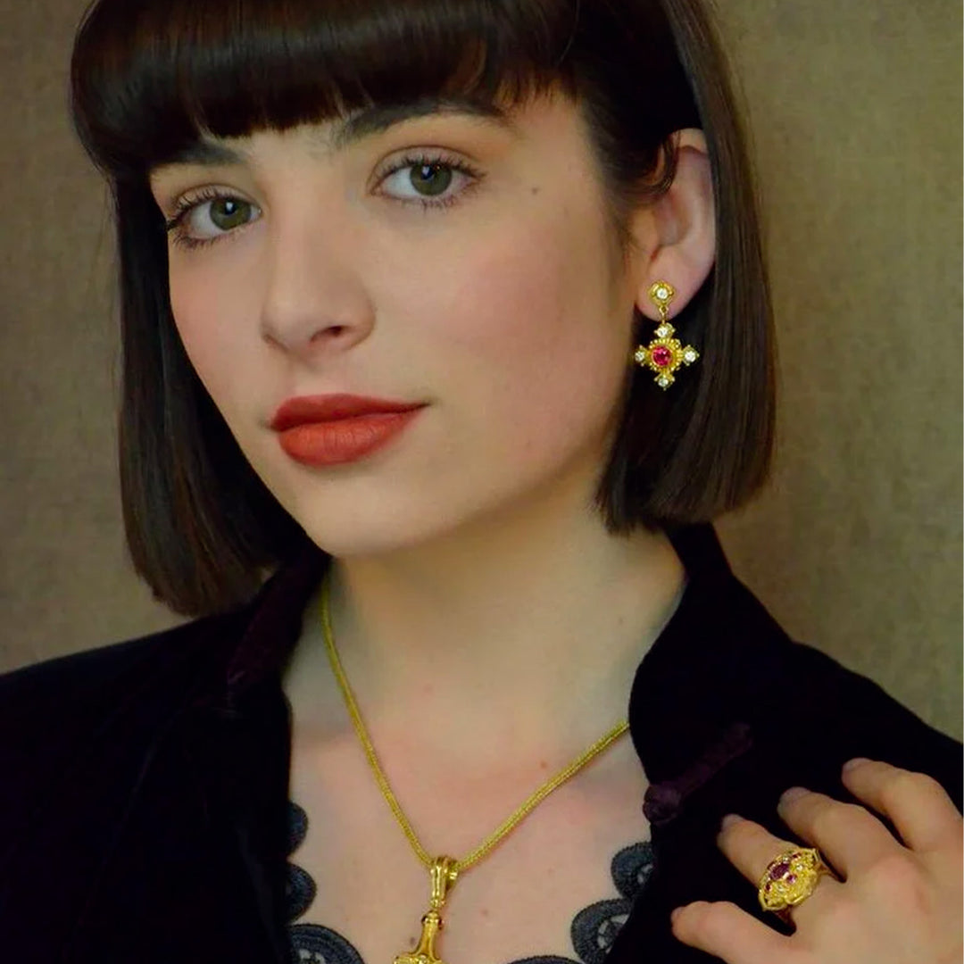 Earrings with Red Spinel, Diamonds