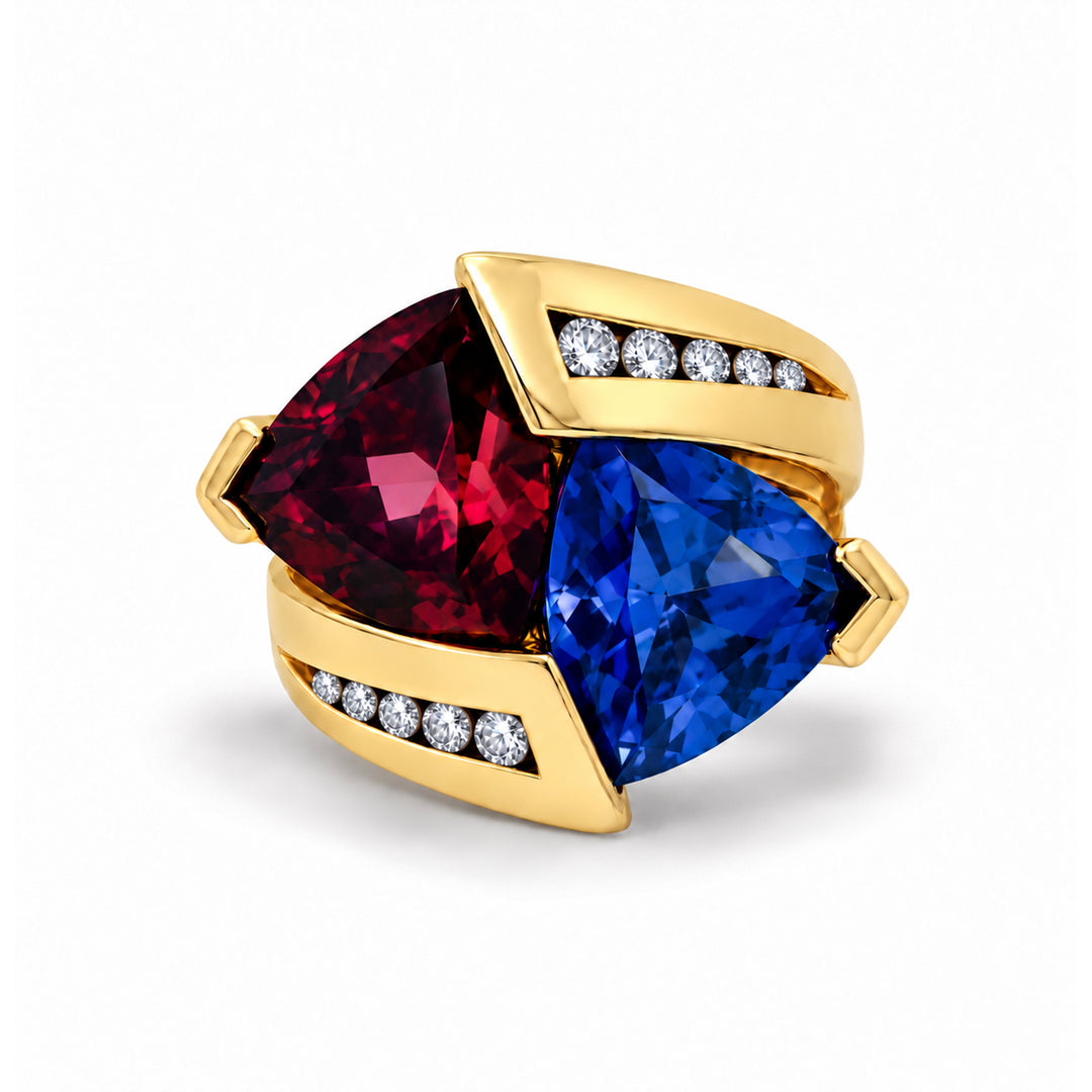 Rhodolite Garnet Tanzanite Diamond Ring 18K Gold