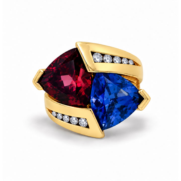 Rhodolite Garnet Tanzanite Diamond Ring 18K Gold
