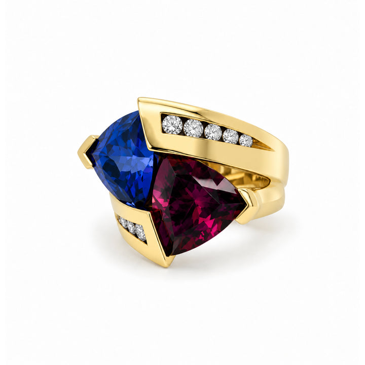 Rhodolite Garnet Tanzanite Diamond Ring 18K Gold