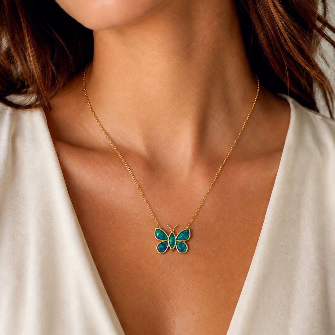 Crystal Opal Butterfly Pendant 14K Gold