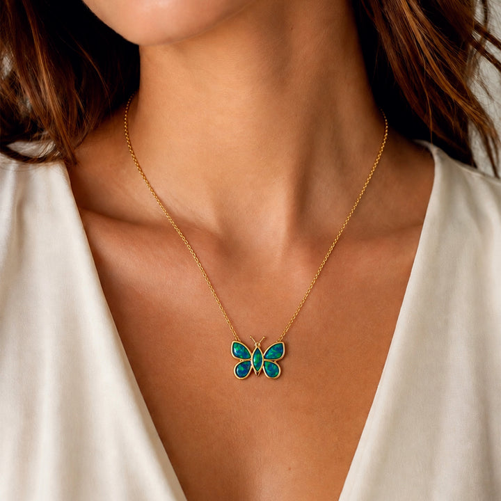 Crystal Opal Butterfly Pendant 14K Gold