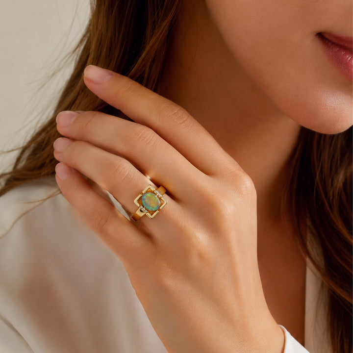 Crystal opal Ring with Diamonds in 14K Gold