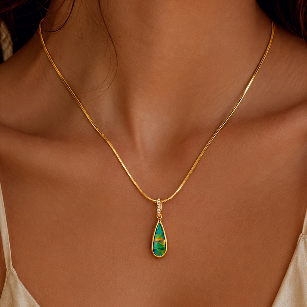 Teardrop Opal Diamond Pendant 14K Gold
