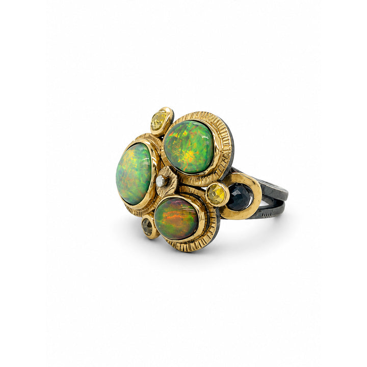 Ethiopian Opal Yellow and Black Diamond Ring