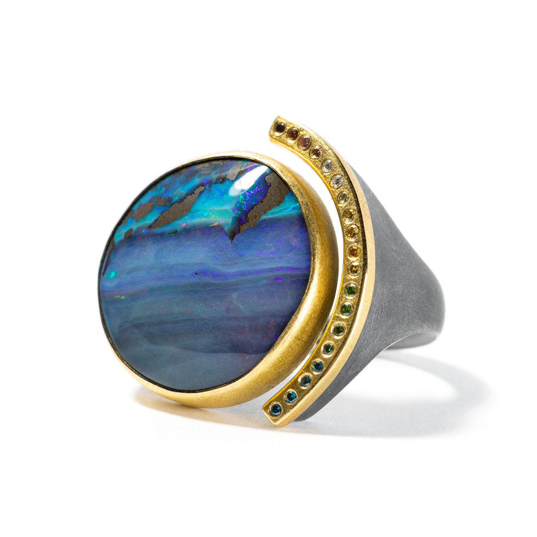 Boulder Opal Diamond Ring Sterling Silver 22K Gold