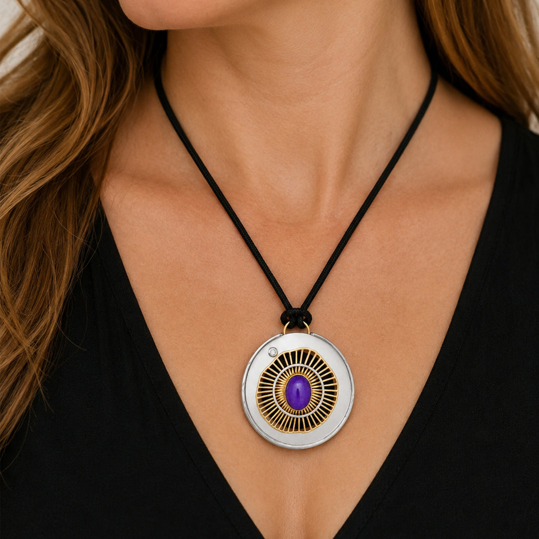 Purple Sugilite Pendant Stainless Steel Gold Plated Stainless Steel