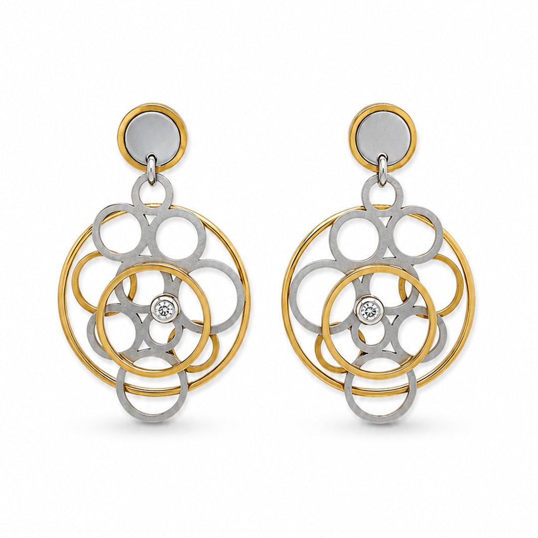 Bubble Collection Round Diamond Earrings Two Tone Stainless Steel
