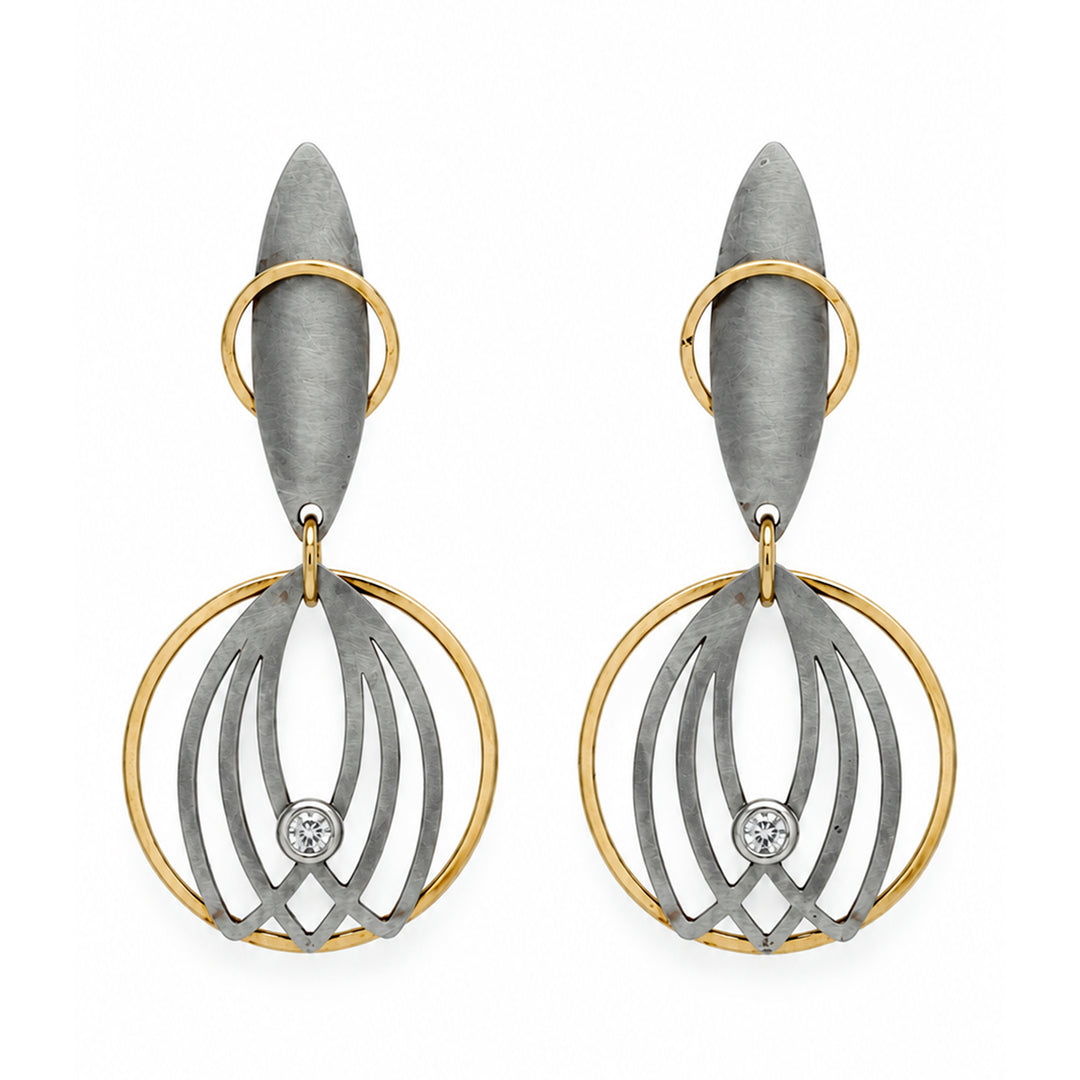 Diamond Earrings Two Tone Stainless Steel 14K White Gold