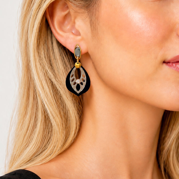 Stainless steel earrings, two tone with black background