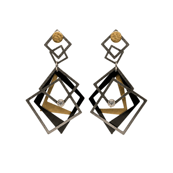 Abstract Series Diamond Earrings Blackened Stainless Steel 14K White Gold