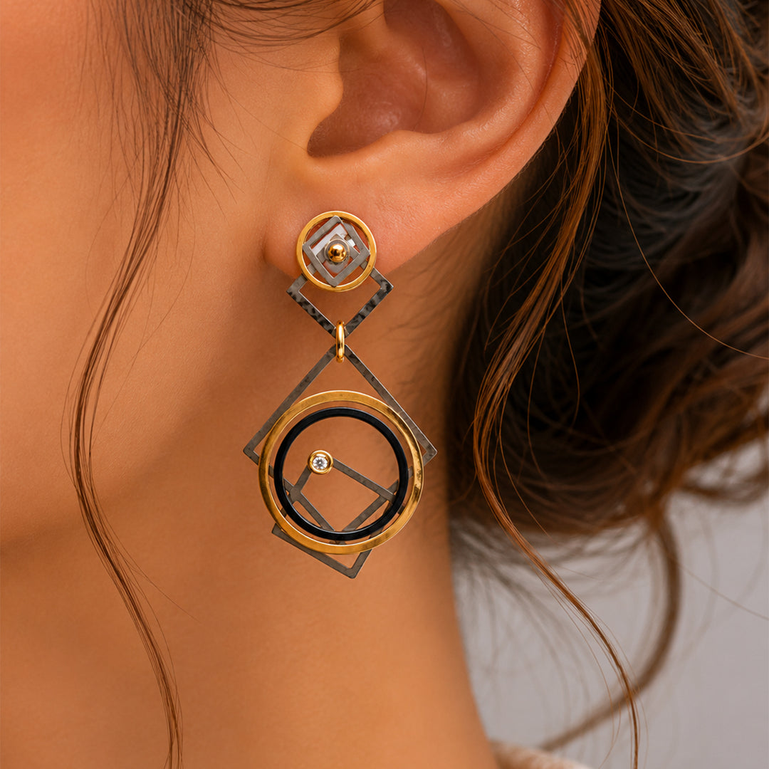 Abstract Series Diamond Earrings Two Tone Stainless Steel