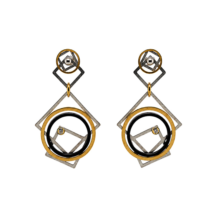 Abstract Series Diamond Earrings Two Tone Stainless Steel