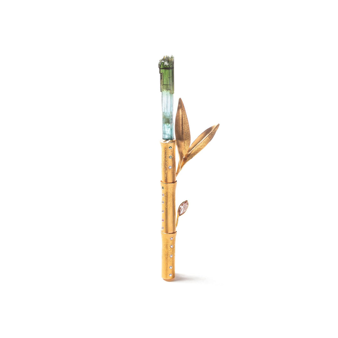 Wild Bamboo Tourmaline Crystal Diamond Brooch 18K 22K 24K Gold