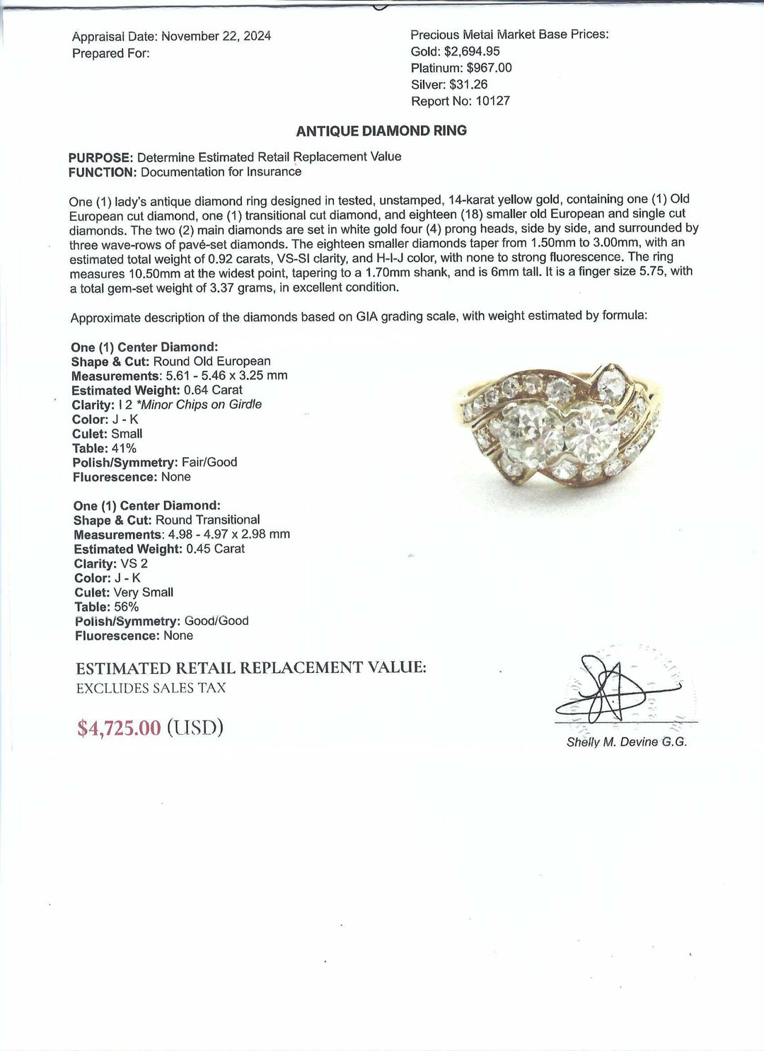Ladyfingers Jewelry Gold and diamond ring circa 1938